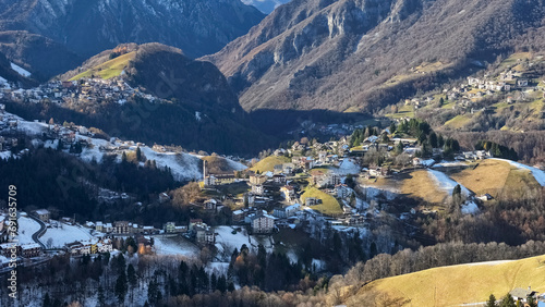 Aerial view of Riso valley and Zambla town, Lombardy, Italy