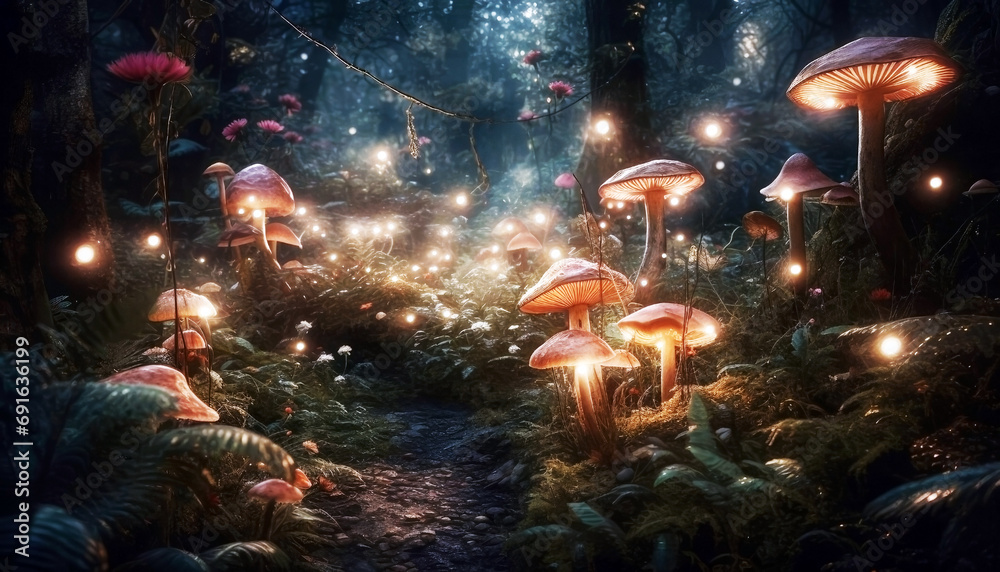 fabulous forest with mushrooms. the lights are shining, the atmosphere is magical