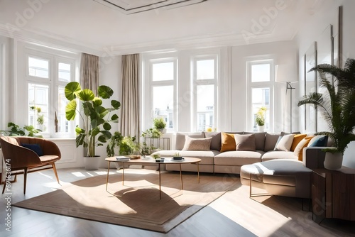 Modern interior design of a living room in an apartment  house  office  fresh flowers and bright modern interior details and sunbeams from a window against a white wall in the English style.
