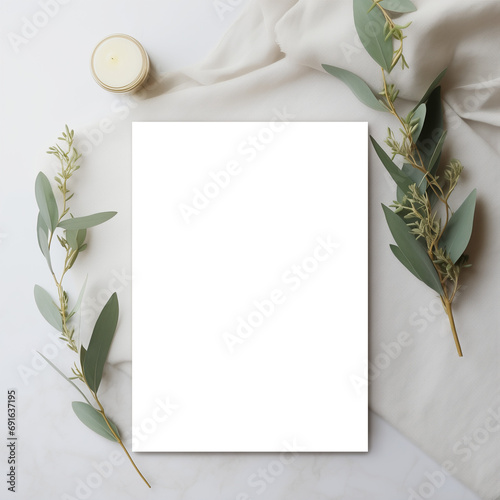 Timeless 5x7 Card Mockup with Eucalyptus and Candlelight Transparent PNG Mockup