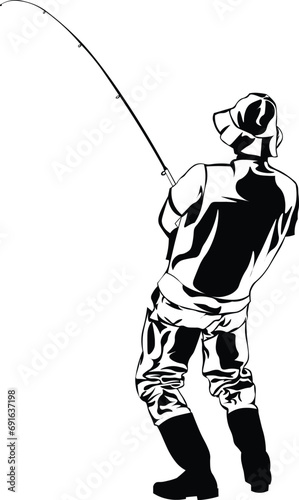 Cartoon Black and White Isolated Illustration Vector Of A Fisherman Holding a Rod Fishing