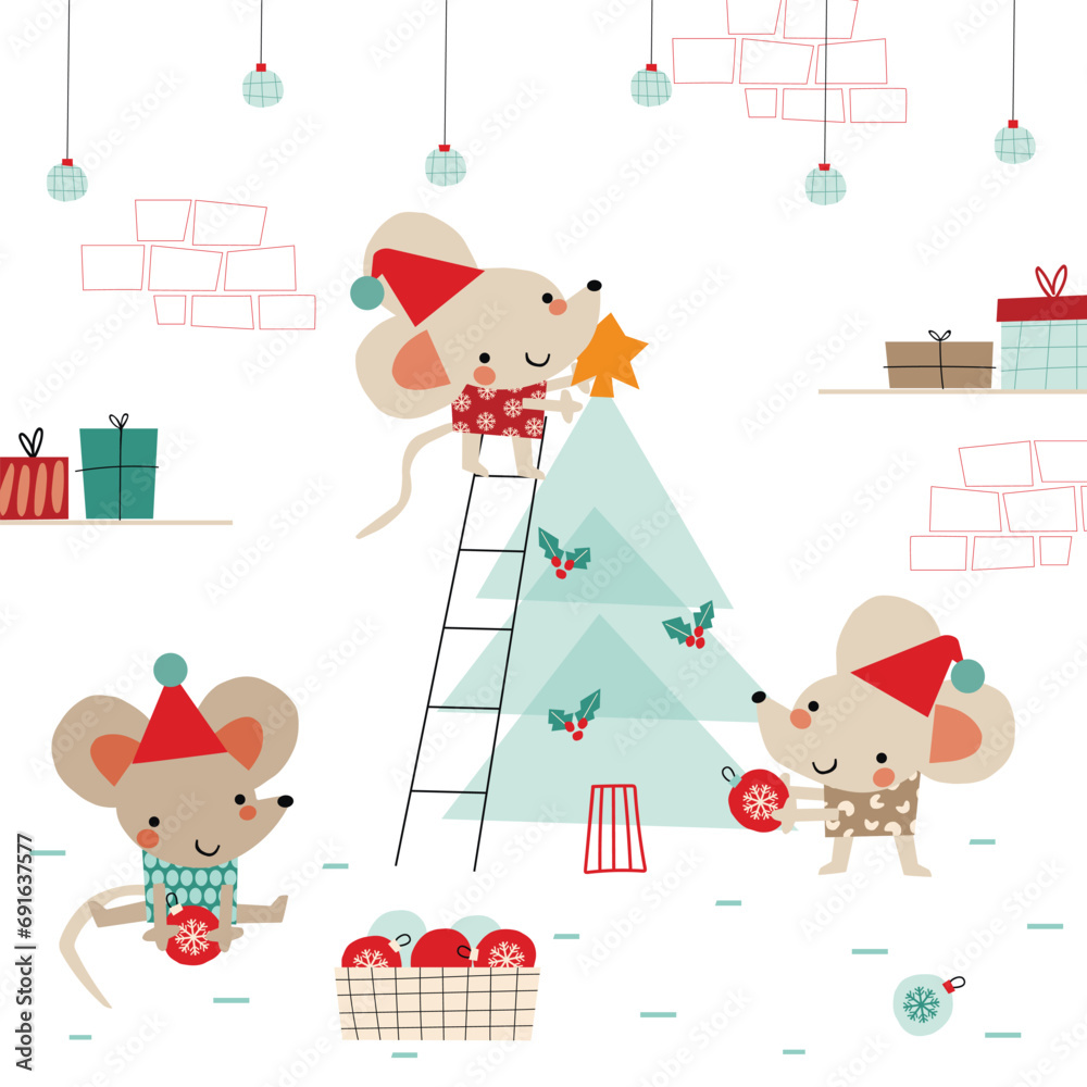 Fototapeta premium Vector Illustation with Mice Decorating the Christmas Tree. Cute cartoon Christmas characters.