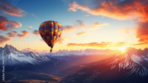  a hot air balloon flying in the sky over a mountain range with a sunset in the back ground and clouds in the sky over the top of the mountain range. © Anna
