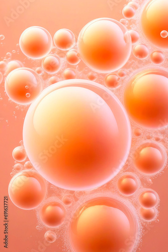Abstract background, wallpaper. Many water transparent soap peach fuzz bubbles. Trending color concept of the year 2024 Peach Fuzz.