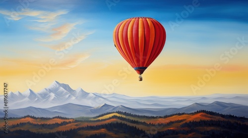  a painting of a hot air balloon flying in the sky over a mountain range with a mountain range in the background and a blue sky with a few white clouds.