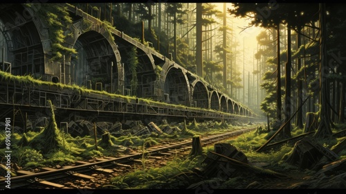  a painting of a train track in the middle of a forest with a bridge on one side of the track and a forest on the other side of the track.