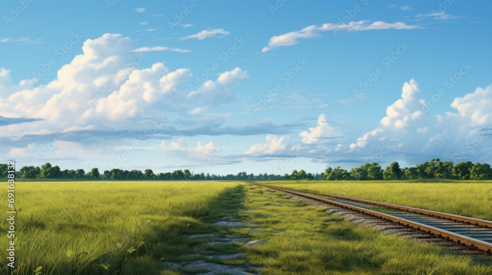 Fototapeta premium a painting of a train track in the middle of a grassy field with trees in the distance and a blue sky with white clouds in the middle of the day.