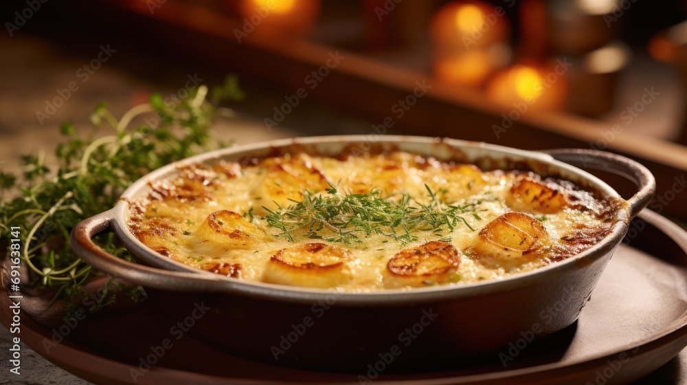  a close up of a casserole on a plate with a sprig of parsley on top of the casserole and a candle in the background.