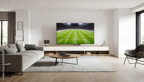 A football field in a living room with a television screen on the wall where a football match is broadcast. photo