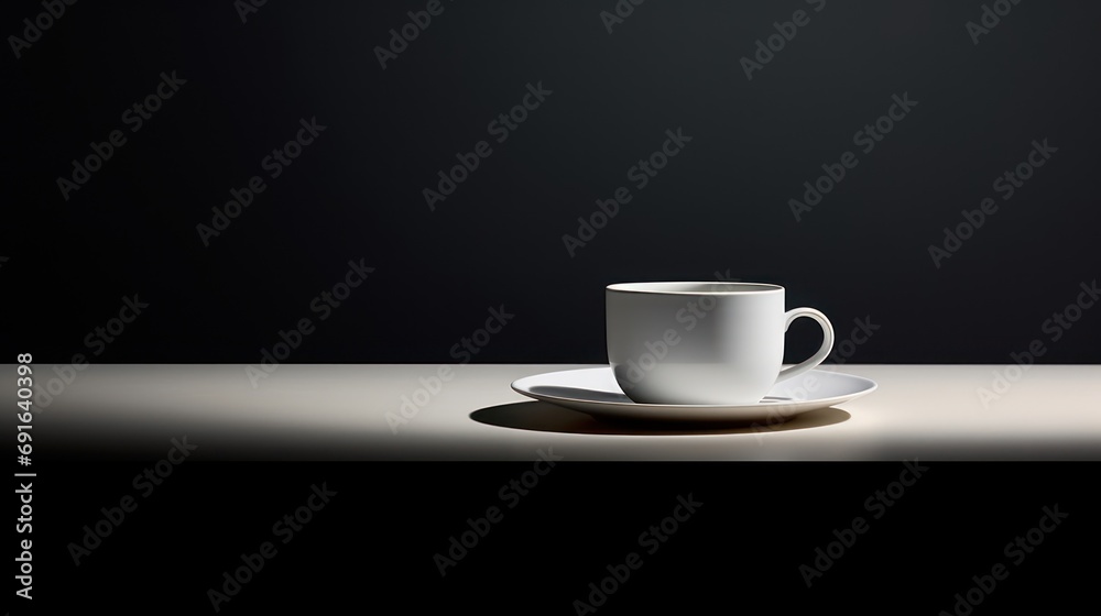 a white coffee cup sitting on top of a saucer on top of a white plate on a white counter top next to a black wall in a dark room. a white coffee cup sitting on top of a saucer on top of a white plate on a white counter top next to a black wall in a dark room.