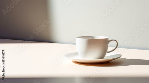  a white cup sitting on top of a saucer on top of a white table next to a cup on top of a saucer on top of a saucer.