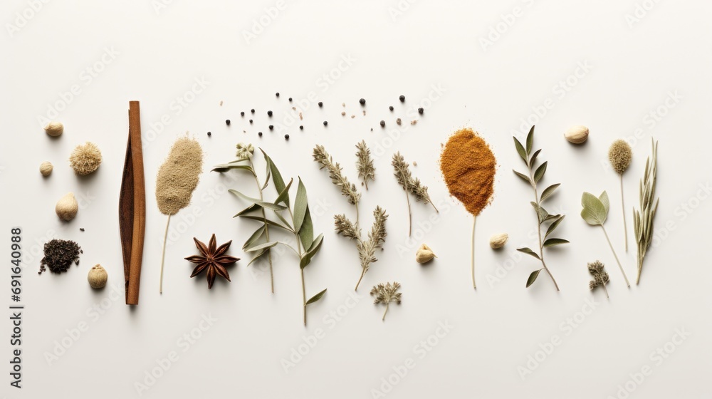  a variety of spices and herbs laid out on a white surface, with a wooden spoon in the middle of the image and a wooden spoon in the middle of the image. - obrazy, fototapety, plakaty 