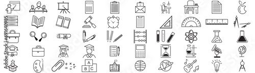 Set of 50 Education and Learning thin line icons. School, university, textbook, editable learning education icons. Education line icon set. Vector illustration #691640985