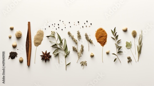  a variety of spices and herbs laid out on a white surface, with a wooden spoon in the middle of the image and a wooden spoon in the middle of the image. photo