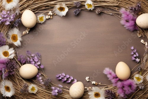 Easter eggs in a nest with spring flowers on a wooden background. Postcard, banner