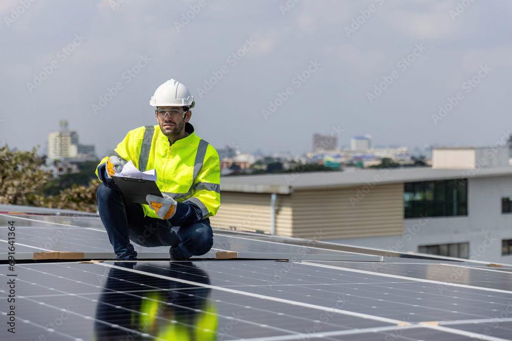 Engineer working setup Solar panel at the roof top. Engineer or worker work on solar panels or solar cells on the roof of business building Engineer working setup Solar panel at the roof top. Engineer or worker work on solar panels or solar cells on the roof of business building