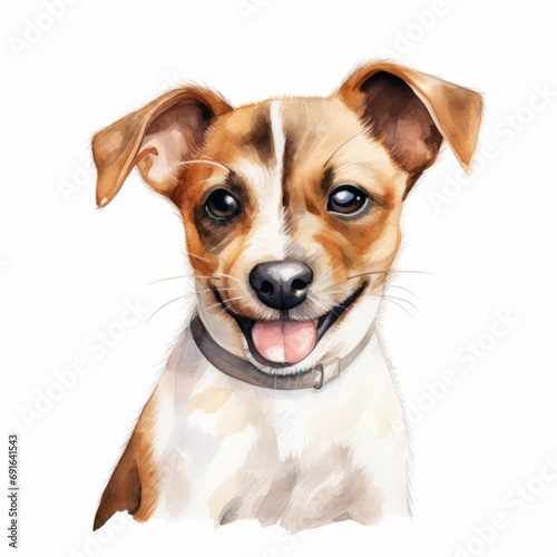 Dog drawn with paints in a watercolor style on a white isolated background. Valentine's Day, postcard