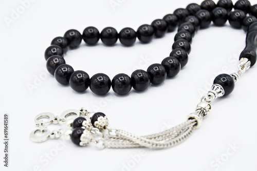 Oltu tespih tesbih, black and silver beads sequenced short rosary photo