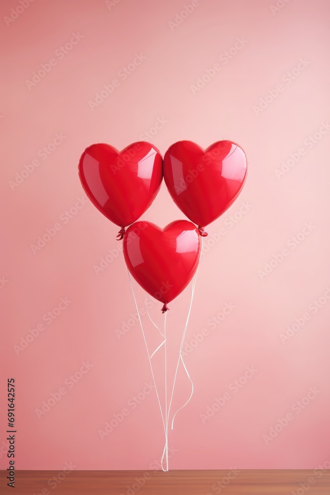 Red heart shaped balloons on pink background. Valentines day concept.