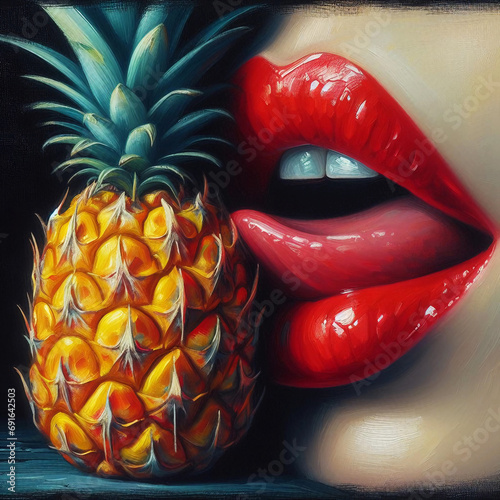 Girl mouth eating pineapple closeup on black background. Oil painting on canvas.