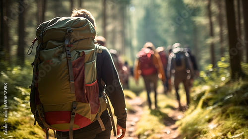 Rearview photography of a group of people wearing hiking clothes and backpacks full of camping and mountaineering equipment  walking in sunny nature forest paths  exploring the wilderness adventures