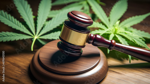 Gesetz und Cannabis: Hölzerner Richterhammer auf grünen Cannabisblättern - KI generiert photo