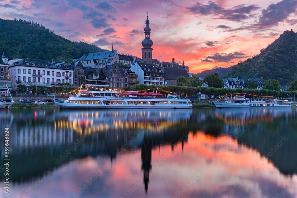 Awesome sunset in Cochem, beautiful historical town on romantic Moselle river, Germany