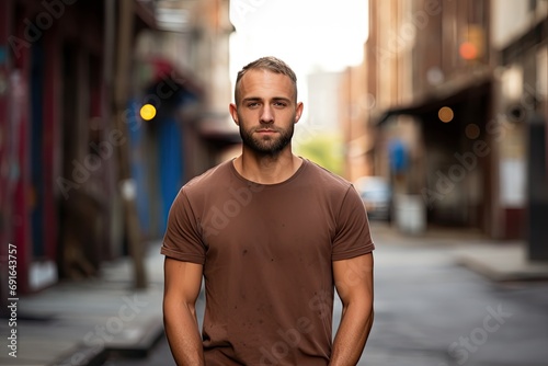 Man in a brown T-shirt against the background of the city photo