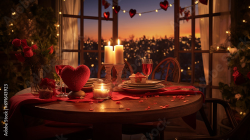 A cozy candlelit dinner setup with a heart-shaped centerpiece, creating a romantic ambiance for a memorable Valentine's Day celebration, portrayed in realistic HD photo