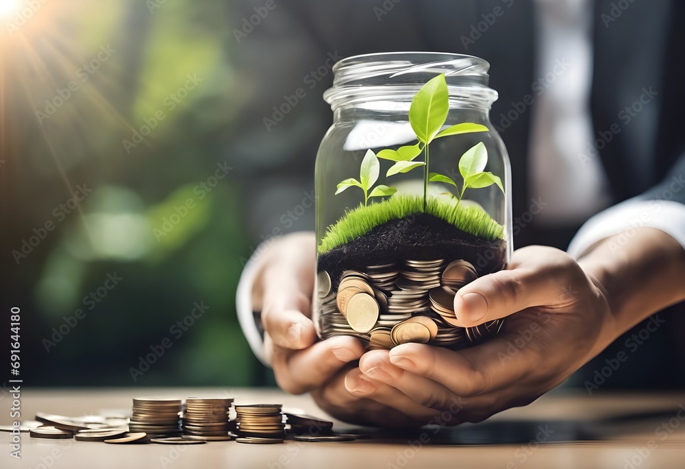 Businessman holding glass jars with plants growing from money investment and financial metaphor