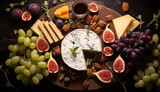 Set of cheeses with grapes and figs on a wooden board on a black isolated background