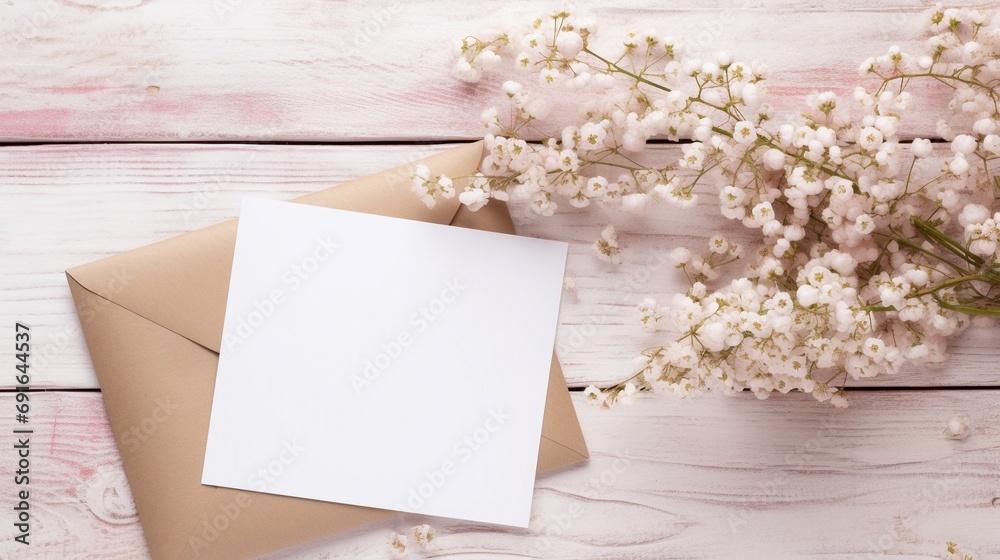 A wedding mock up concept. Wedding Invitation, envelopes, cards Papers on pink wooden background with gypsophila flower bouquet, ribbon and decoration. Top view, flat lay, copy space A wedding mock up concept. Wedding Invitation, envelopes, cards Papers on pink wooden background with gypsophila flower bouquet, ribbon and decoration. Top view, flat lay, copy space