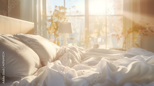 Bed Mattress and Pillows Mess up Bedroom in morning sunlight, White bedding sheets and pillow background, Messy bed after good sleep concept, with beautiful sunshine window and flowers on backgrounds.