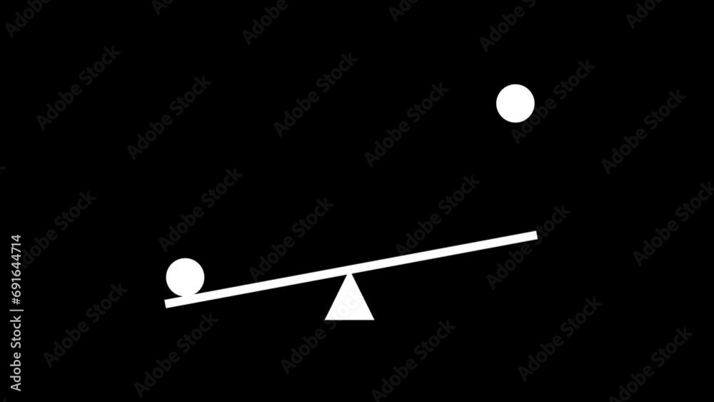 Digital animated geometric shapes on a seesaw. Diversity and equality in business, life, teamwork. White ball moving up and down on balance board.4k render black background. Digital animated geometric shapes on a seesaw. Diversity and equality in business, life, teamwork. White ball moving up and down on balance board.4k render black background.