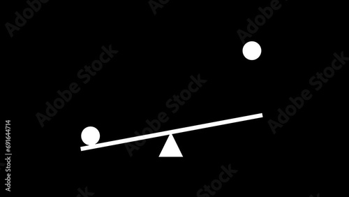 Digital animated geometric shapes on a seesaw. Diversity and equality in business, life, teamwork. White ball moving up and down on balance board.4k render black background. photo