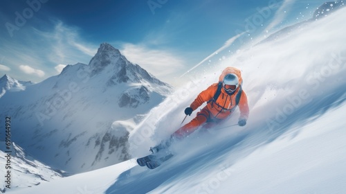  a man riding skis down the side of a snow covered slope in front of a snow covered mountain covered in snow covered in clouds and a bright blue sky.