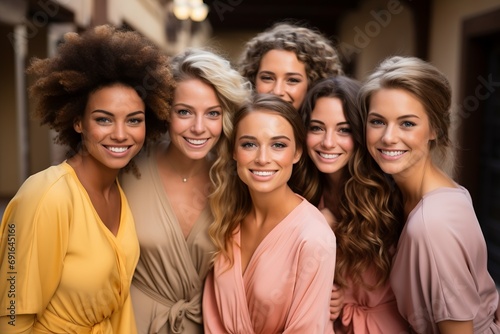 Group of smiling female models of different ethnicity wearing pastel colored clothes, Concept: cultural diversity and beauty of multi-ethnic women photo