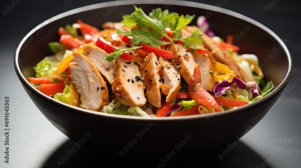  a salad with chicken, carrots, peppers, and lettuce in a black bowl on a black table with a black table cloth and a black background.