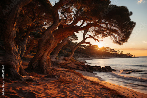 Greece, at sunset. The focus is on the crystal-clear waters and golden sands, framed by olive trees © PhotoRK