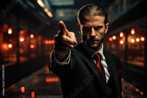 Man in suit pointing at something with his finger.