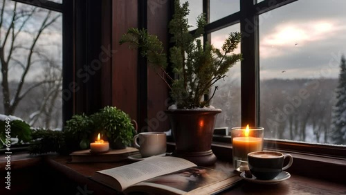 Cozy room with candle, book and coffee cup with steam on the desk. Snowflakes falling outside the window. Loop animation video, zoom backgrounds. Relax calmness and tranquil study warming atmosphere.
 photo