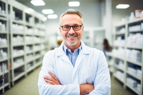 Man in lab coat standing in pharmacy.