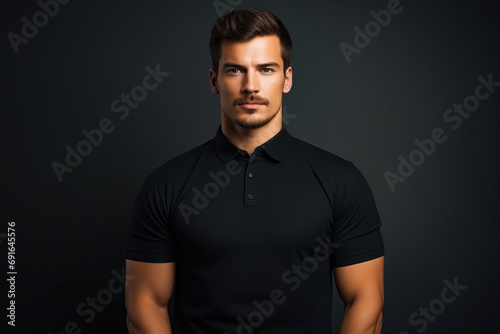 Man in black shirt posing for picture. photo