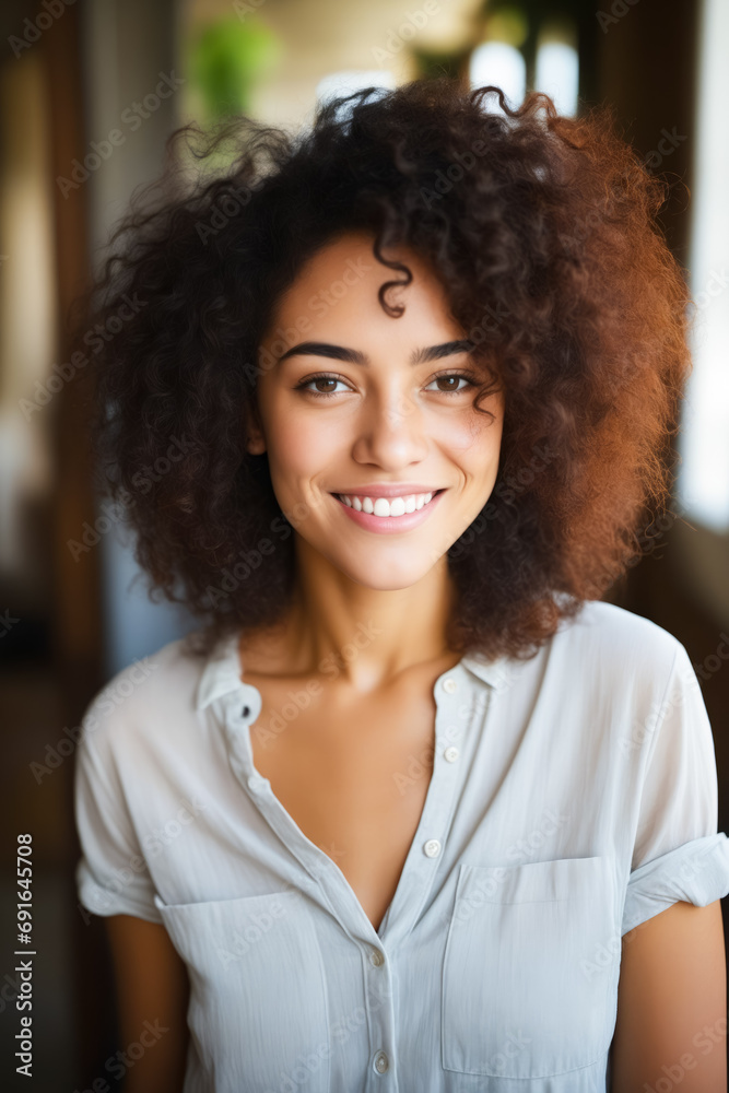 Woman with white shirt and curly afro.