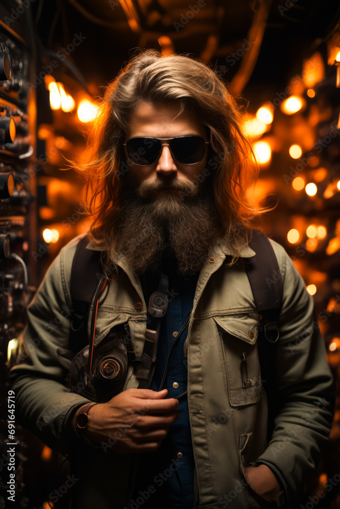 Man with long beard and sunglasses standing in front of wall of lights.