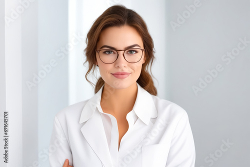 Woman wearing glasses and white shirt is posing for picture.