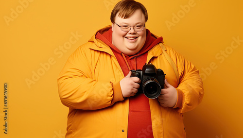 A young man in an orange puffer jacket holds a camera and smiles against a yellow background. Down syndrome