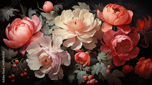  a close up of a bunch of flowers on a black background with red and white flowers in the middle of the picture and green leaves and red flowers in the middle of the flowers.