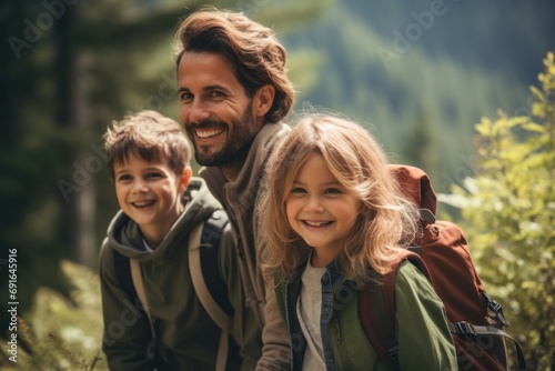 Family enjoying a day of hiking in the mountains, surrounded by lush greenery, summer nature exploration
