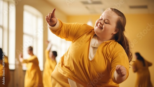 A young Caucasian girl in a yellow clothes dances joyfully in a bright hall, expressing happiness and freedom of movement. Down syndrome